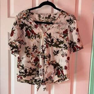 Kona Sol Floral Tie-Front Blouse - White and Red